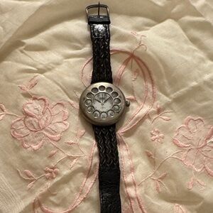 Fossil Silver Round Dial Watch with Black Braided Strap